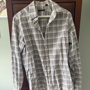 Theory Men’s Plaid Button-Up Shirt – Gray & White Long Sleeve – Size Small